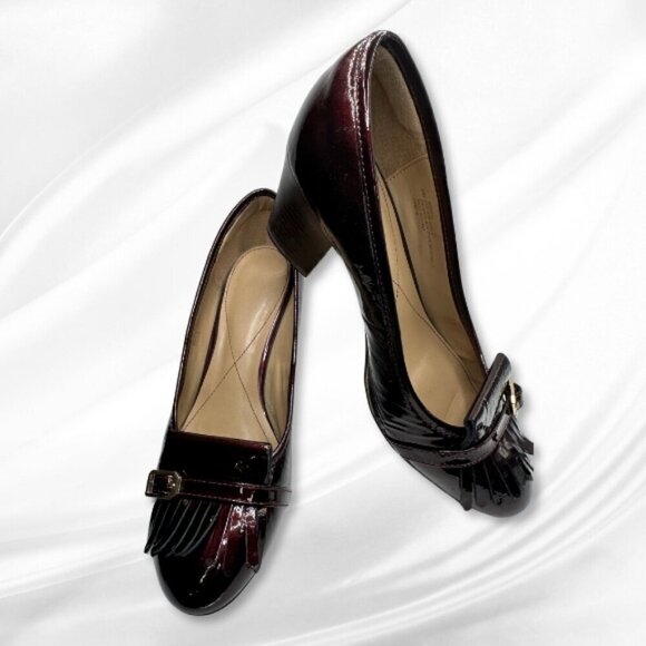 Isola Tara Kilted Buckle Patent Leather Block loafer Heels Burgundy Women's Sz 8 - Picture 2 of 9